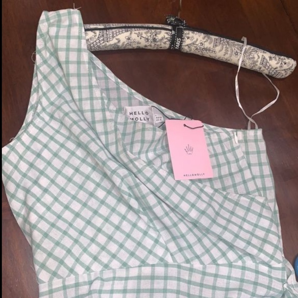 NWT sage green & white Gingham One-Shoulder Gingham Wrap Mini Dress Sz 8 - Picture 13 of 15